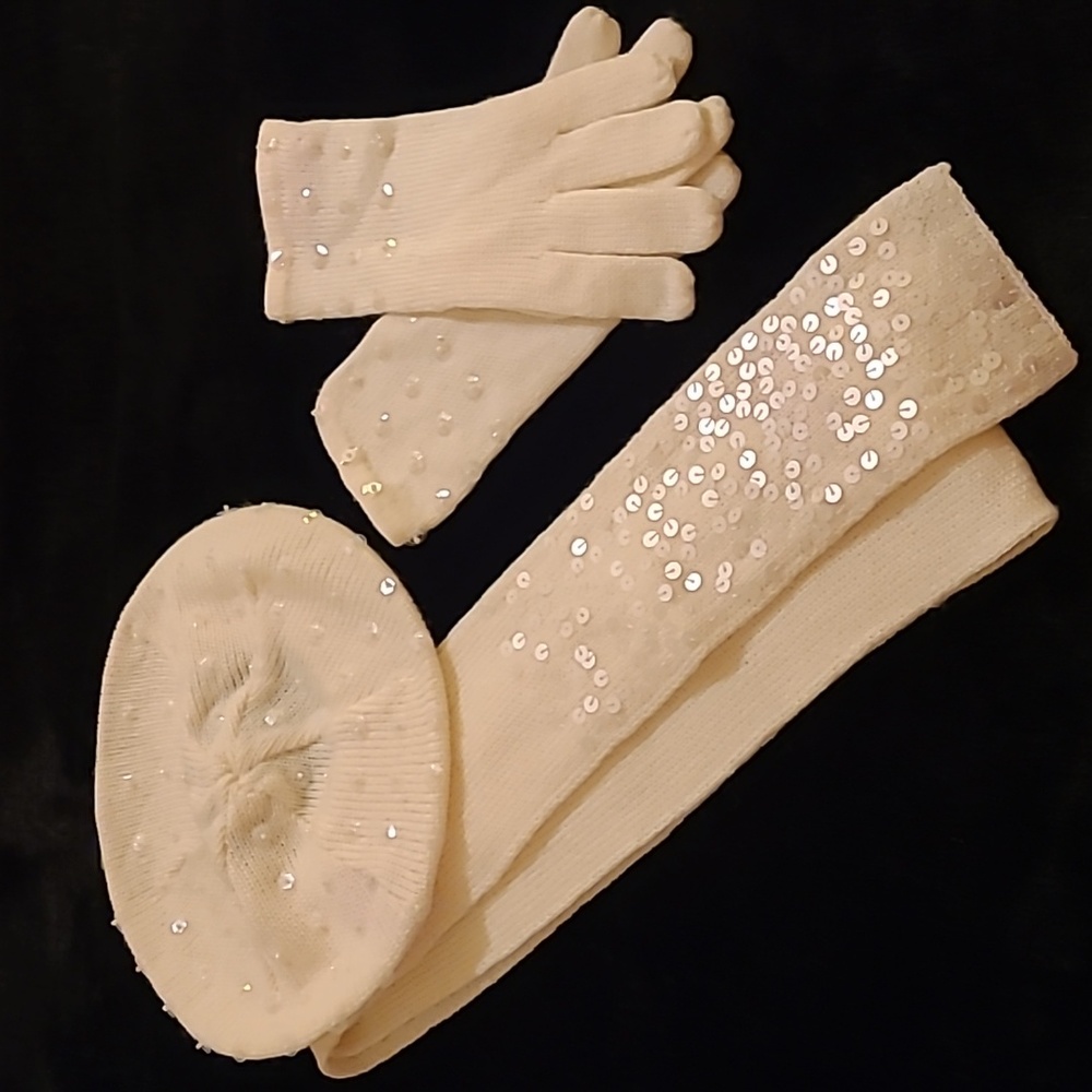 AK Anne Klein - Ivory Sequined Hat, Gloves, and Scarf Set.